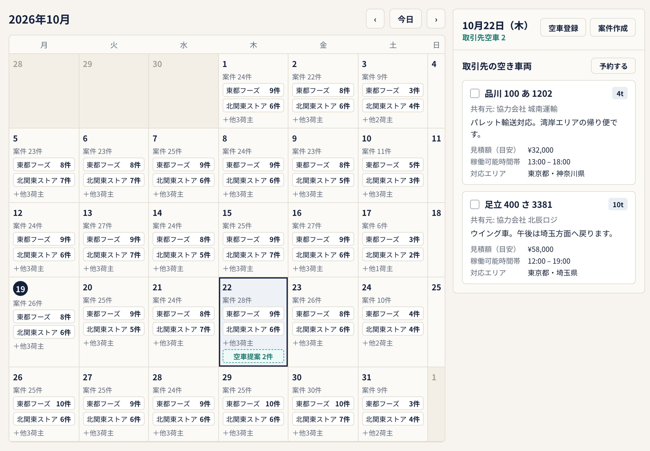 カレンダー。日ごとの荷主別の案件数と、取引先から共有された空き車両の情報が並ぶ画面